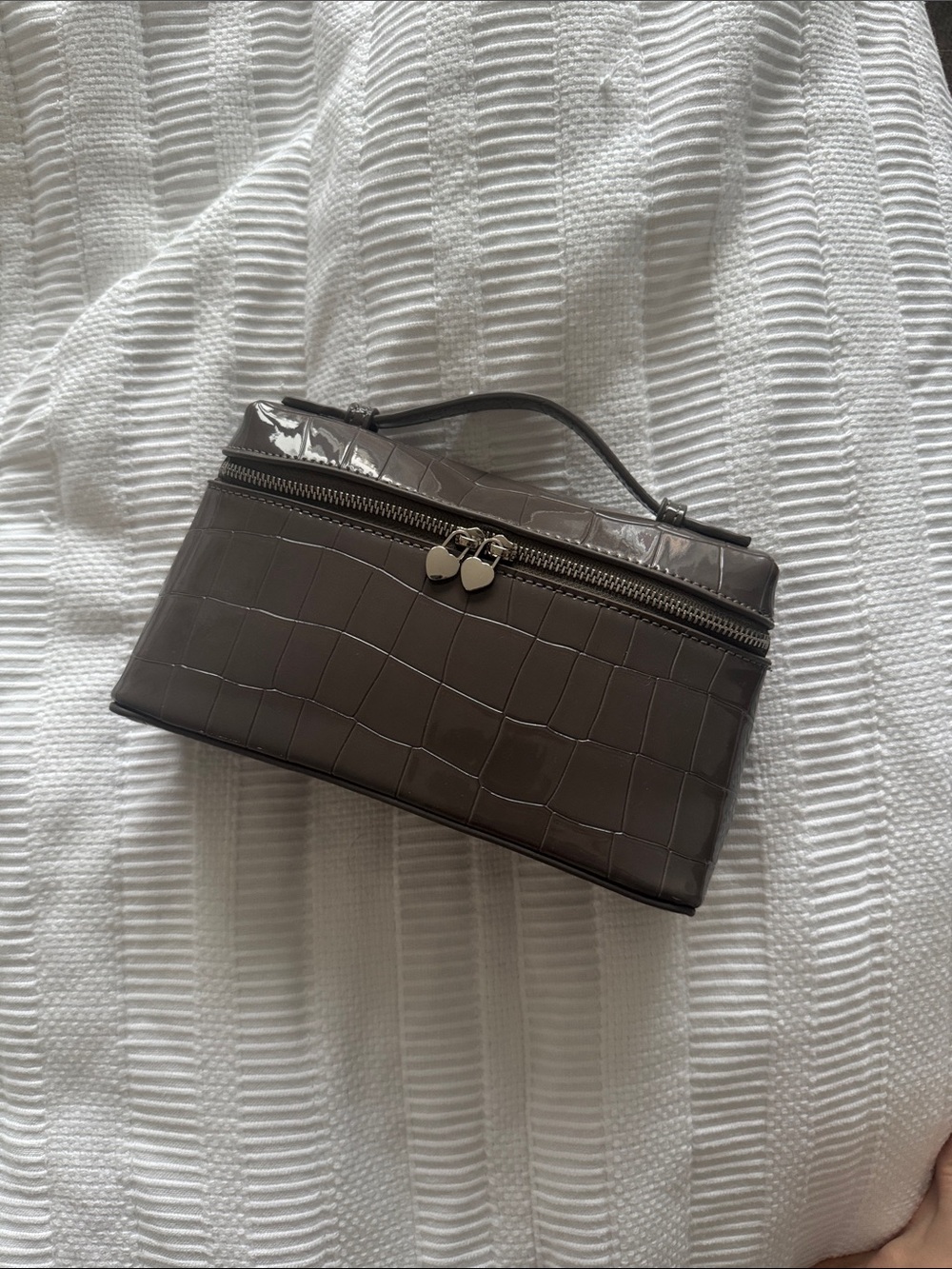 Croc-Embossed Top Handle Vanity Bag in Dark Taupe